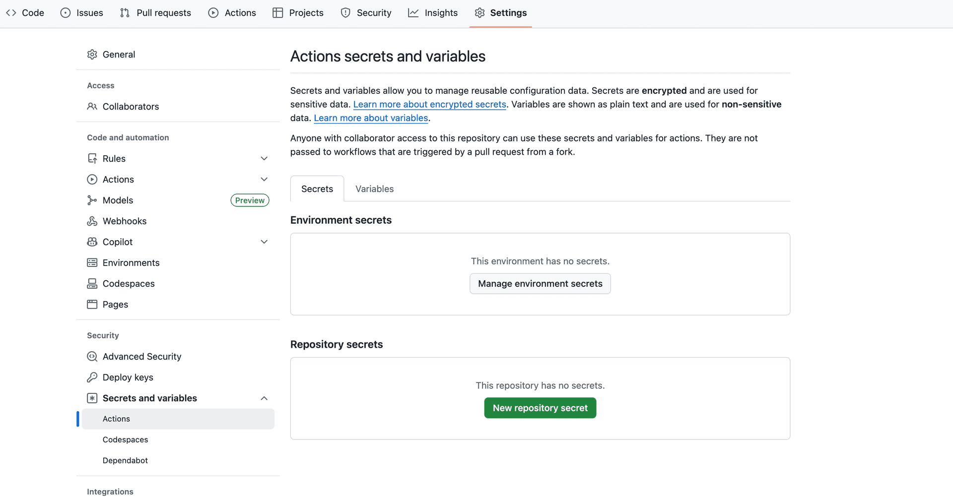 Actions secrets and variables